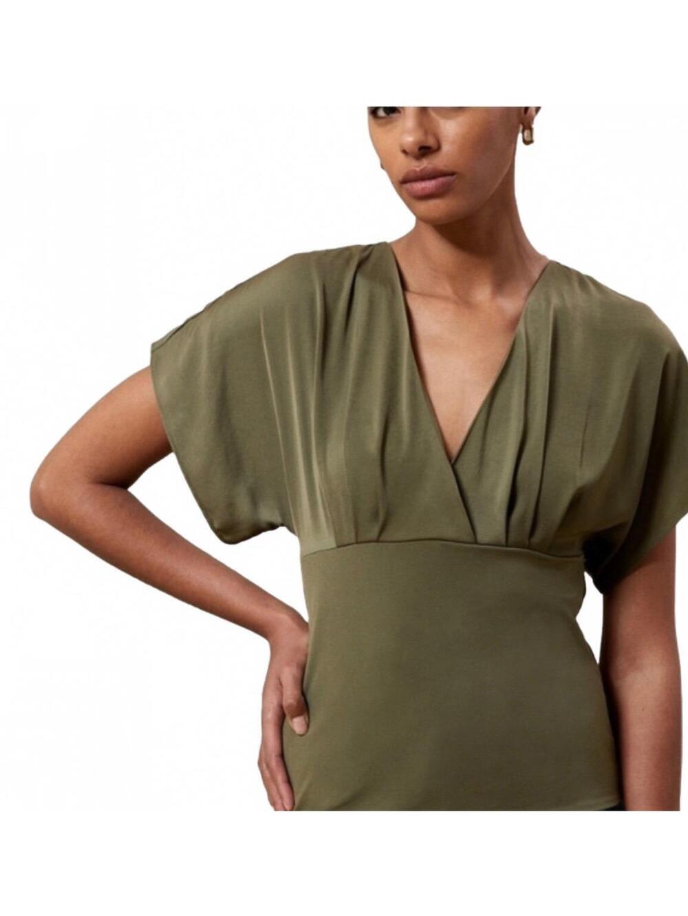 Banana Republic Tie Back Blouse Top Womens Small dark Green NWT V-neck Satin